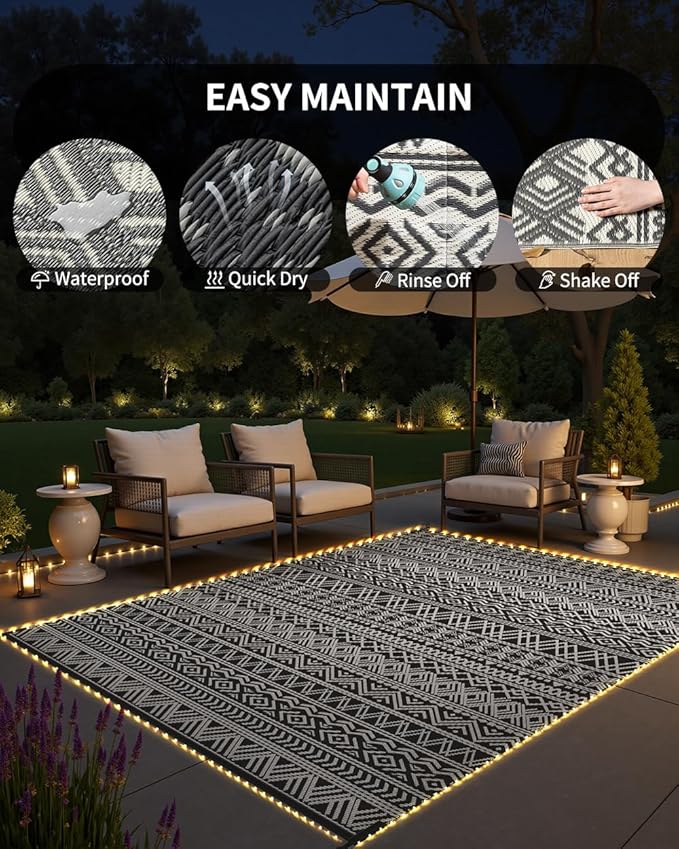 MontVoo-Outdoor Rug Carpet 9x12 ft for Patio RV Camping with Led Strip Lights Waterproof Plastic Straw Rug Reversible Portable Outside Indoor Outdoor Rug Mat for Patio Decor Balcony Picnic-Boho Rug