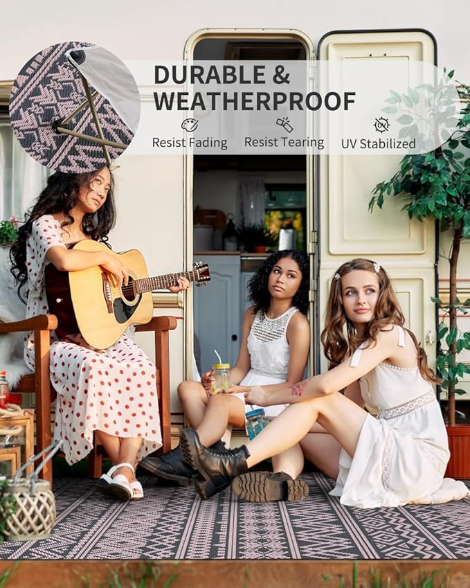 MontVoo Outdoor Rug Carpet Waterproof 5x8 Outdoor Patio Rug Mat Reverisble Plastic Straw Outdoor Rug for RV Camping Picnic Beach Balcony Boho Pink Grey