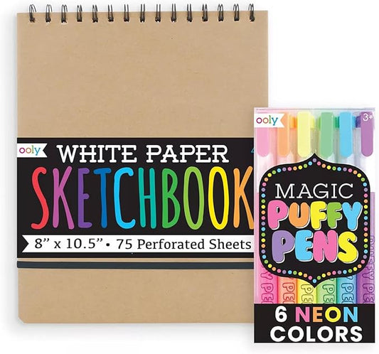 Ooly Magic Puffy Pens, Set of 6 Neon Colors with 3D Ink, Just Add Heat & Watch Art Grow, Creative Markers for Kids & Toddlers, Fun Art Supplies for Drawing & Coloring - 6 Markers & Sketchbook Bundle