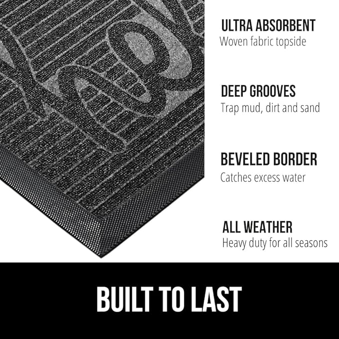 GORILLA GRIP 100% Waterproof All-Season WeatherMax Doormat, 23x35, Durable Natural Rubber, Stain and Fade Resistant, Low Profile, Indoor Outdoor Door Mats, Easy Clean Patio Entry Mat, Charcoal Hello