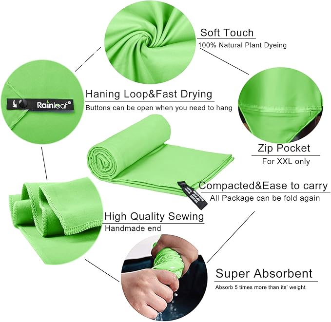 Rainleaf Microfiber Towel Perfect Travel & Gym & Camping Towel. Quick Dry - Super Absorbent - Ultra Compact - Lightweight. Suitable for Trip, Beach, Shower, Backpacking, Pool