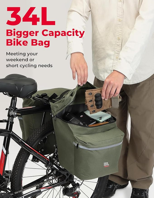 KEMIMOTO Portable Bike Pannier Bag, 34L Large Capacity Water Resistant Bicycle Trunk Bag with Reflective Trim, Bike Rear Seat Saddle Bag for Grocery Shopping Commuter Long Cycling Trip (Green)