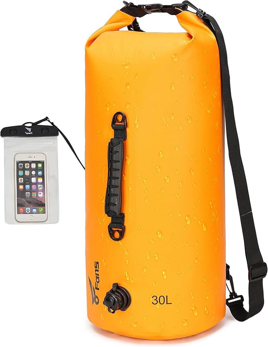 8 Fans Dry Bag Backpack Waterproof,30L Roll Top Bag with Phone Case, Perfect for Floating,Travel,Swimming,Boating,Kayaking,Camping,and Beach Activities(Air Release Valves, Orange)