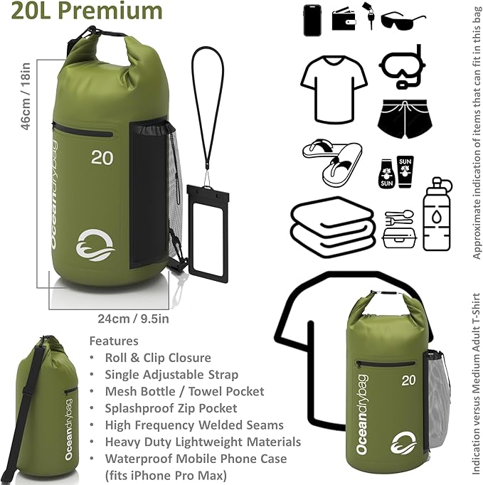Oceandrybag - Waterproof Dry Bag Backpack - Floating Dry Sack Portable for Kayaking, Beach, Rafting, Boating, Hiking, Camping, Fishing with Waterproof Phone Case