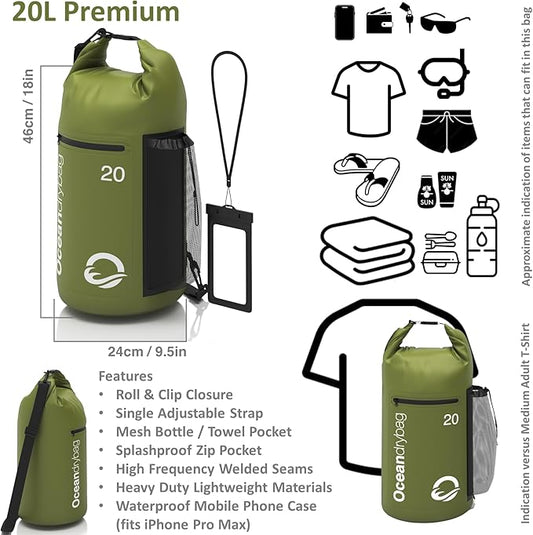 Oceandrybag - Waterproof Dry Bag Backpack - Floating Dry Sack Portable for Kayaking, Beach, Rafting, Boating, Hiking, Camping, Fishing with Waterproof Phone Case