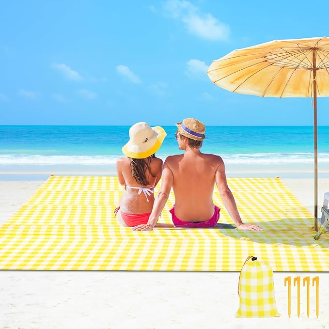 Beach Blanket Beach Mat, Sandproof Waterproof Beach Mat, Picnic Blanket, Extra Large 55x79 in (3-5 People) Picnic Blanket with 1 Storage Bag & 4 Fixed Nails for Beach, Camping, Hiking, Picnic