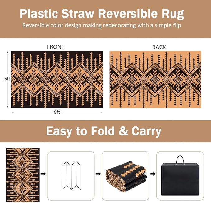 LILIOFFIC Outdoor Rugs for Patio Clearance - 5'x8' Waterproof Reversible Indoor Outdoor Rug Carpet, Portable Outdoor Plastic Straw Rug for RV Camping, Picnic, Beach, Porch, Deck, Black & Brown
