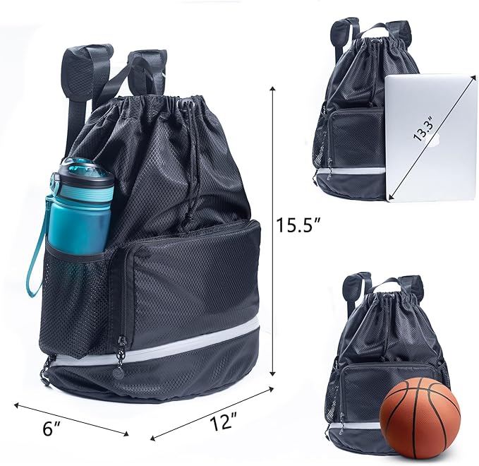 Swim Beach Sports Drawstring Backpack - Gym Bag with Shoes Compartment and Waterproof Pocket for Gym Accessories, Swim Essentials - Kids Mens Beach Workout Bag