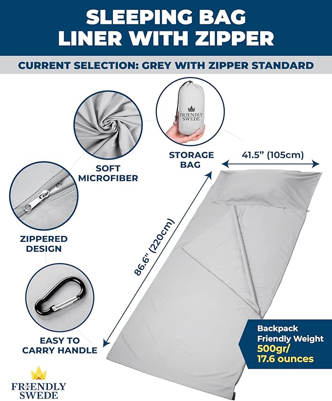 The Friendly Swede Sleeping Bag Liner — Ultralight Polyester or Cold Weather Microfiber Adult Sleep Sack; Thin Travel Sheets for Hotel; Camping Sheets; Travel Sleeping Bag with Pocket-Size Stuff Sack