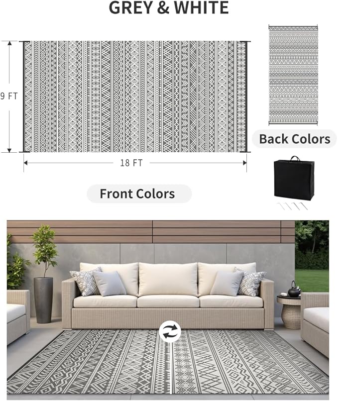 MontVoo Outdoor Rug Carpet Waterproof 9x18 Outdoor Patio Rug Mat Reverisble Plastic Straw Outdoor Rug for RV Camping Picnic Beach Balcony Boho Grey Large