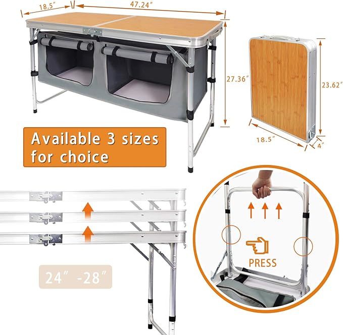 Camping Folding Aluminum Table with Adjustable Legs for Outdoor Travel Beach, Backyards, BBQ, Party and Picnic Foldable Table