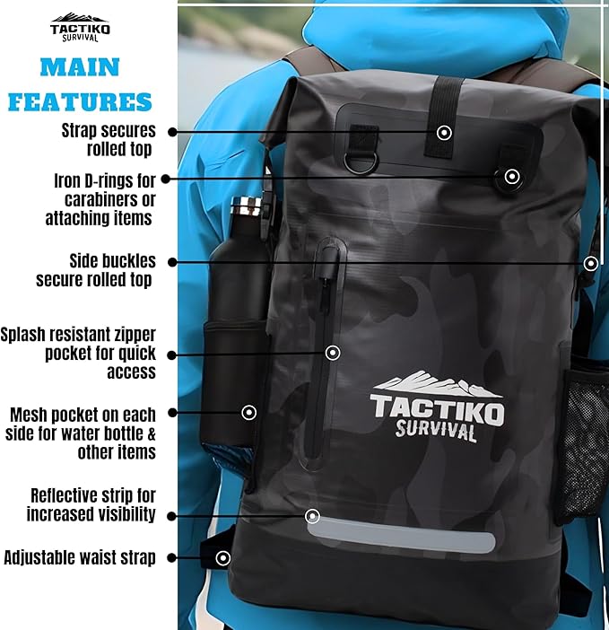 TACTIKO 30L Heavy-Duty 100% Waterproof Backpack, Roll Top Dry Bags for Kayaking, Hiking, Camping, Survival