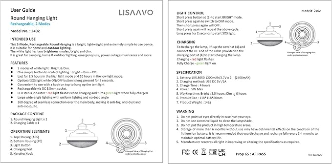 Tent Light Rechargeable 2400mAh Waterproof for Camping,Outdoor,Power Outage(2 Pack)