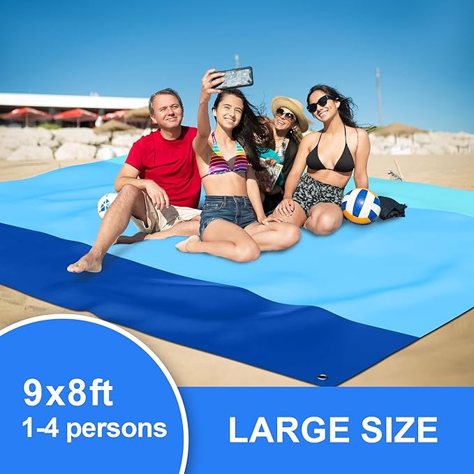 Mooreeke Beach Blanket Extra Large Oversized 9 x 8 ft, Ocean Blue Sandproof Waterproof Quick Drying Lightweight Compact Outdoor Blanket Beach Mat for Family Travel Camping Picnic, 1-8 Adults