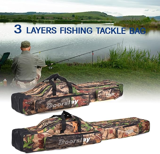 doorslay Portable Folding Fishing Tackle Storage Bags Oxford Fishing Rod Case Fishing Pole Bag Carry Organizer Outdoor Waterproof Fishing Bag