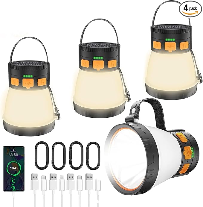 4 Pack LED Camping Lantern, 1500 Lumens Camping Lantern Rechargeable with Solar Panel Charging, Waterproof, 8 Light Modes, 7500mAh Power Bank, Camping Flashlight for Hurricane Emergency, Outdoor