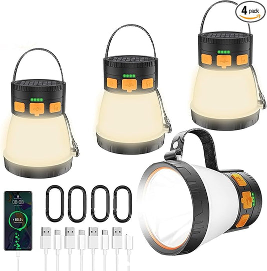 4 Pack LED Camping Lantern, 1500 Lumens Camping Lantern Rechargeable with Solar Panel Charging, Waterproof, 8 Light Modes, 7500mAh Power Bank, Camping Flashlight for Hurricane Emergency, Outdoor