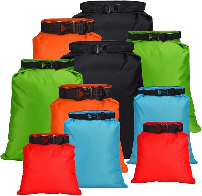 LEIFIDE 10 Pcs Ultralight Dry Bags Waterproof Lightweight Airtight Bags Ripstop Camping Gear Dry Sack Portable Roll Top Dry Pack for Backpacking Kayaking Hiking Swimming Boating Outdoor, 5 Sizes