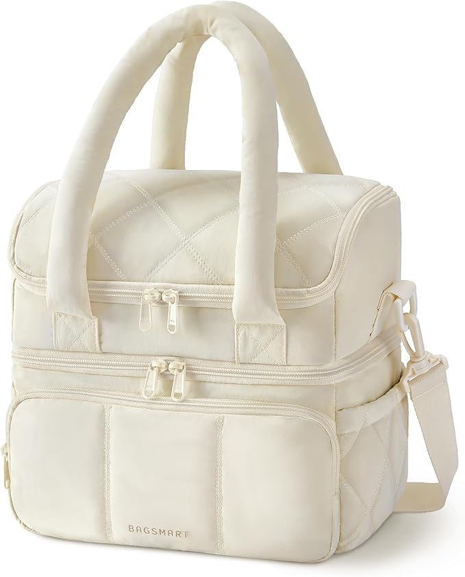 BAGSMART Lunch Bag Women, Double Deck Insulated Lunch Box, Quilted Puffer Lunch Tote, Leakproof, Durable & Reusable Large Lunch Cooler For Work Picnic Travel Meal Prep, Beige