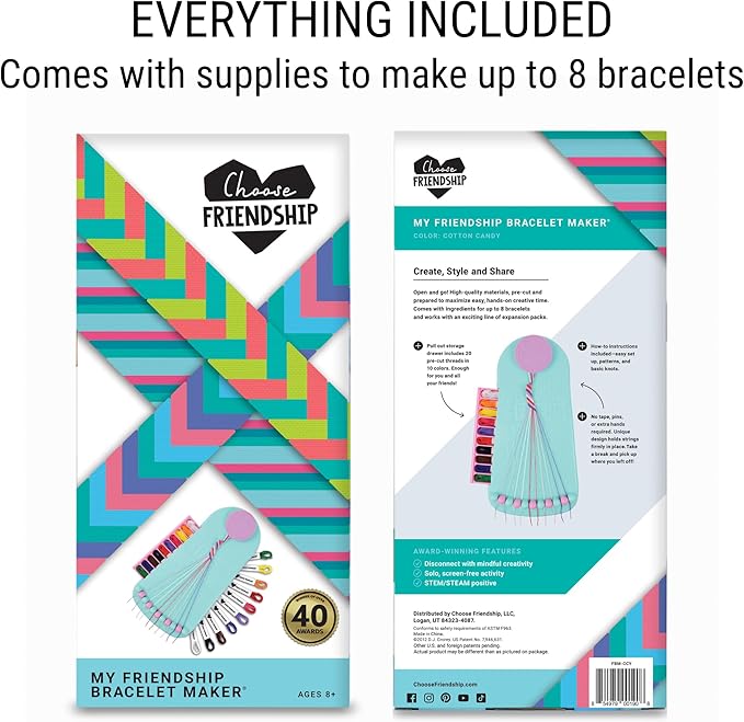Choose Friendship, My Friendship Bracelet Maker®, an American Original | 20 Pre-cut Threads - Makes Up to 8 Bracelets | Craft Kit, Kids Jewelry-Making Kit, Gifts for Girls 8-12
