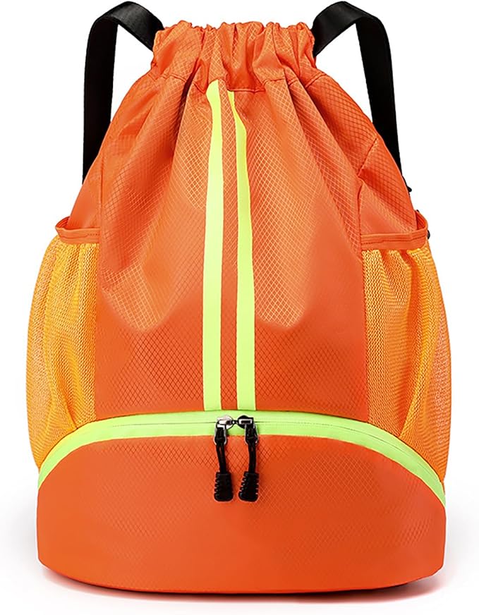 Swim Bag Drawstring Backpack with Wet Pocket Shoe Warehouse String Bag Sackpack for Beach Swimming Pool Gym Sports (Orange)