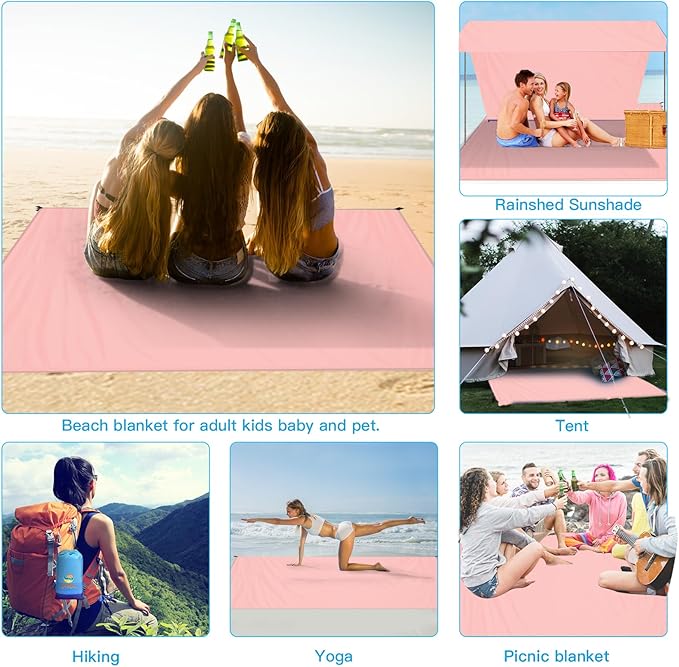 BYDOLL Beach Blanket Waterproof Sandproof 78''×81'' 1-7 Adults Oversized Lightweight Large Picnic Mat Waterproof Sandproof Blanket for Beach