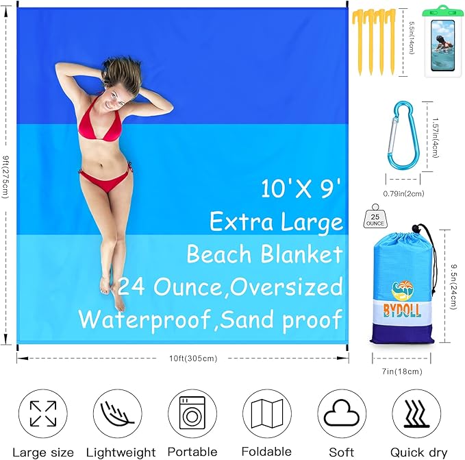 BYDOLL Beach Blanket 78''X81'' 4-7 Adults Oversized Lightweight Waterproof Sandproof Blanket for Beach Large Picnic Mat Travel Camping