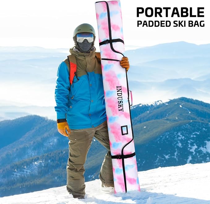 Padded Ski Bag - Waterproof, Adjustable Length, Fits Skis Up to 200cm, Portable Snow Travel Bag with Removable Shoulder Strap