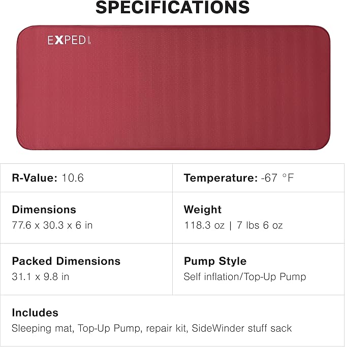 Exped MegaMat Max Long X-Wide - Self Inflating Plush Sleeping Mat, 6” Foam Pad, Pump Included
