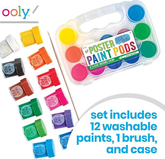 Ooly Lil' Poster Paint Pods, 12 Bright Colors & 1 Brush, Washable Paint for Children, Includes Portable Case, School and Art Supplies for All Ages, Bright & Vibrant Colors