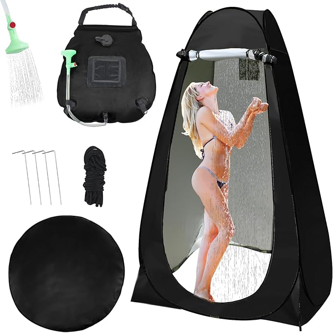 Camping Shower Tent,Pop Up Privacy Tent with Solar Shower Bag,Waterproof Pop Up Shower Tent for Portable Outdoor Toilet Shower Changing Room Sun Shelter Camping (Black/Camouflag/Green)