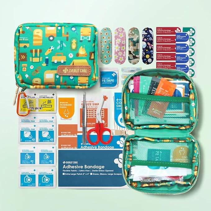 EVERLIT Mini Rescue Pack | 105 Medical Essentials Organized in Portable Storage Bag | Pocket Size Kids First Aid Kit with D Ring | Small Family-Friendly Travel Medical Kit (Camping)
