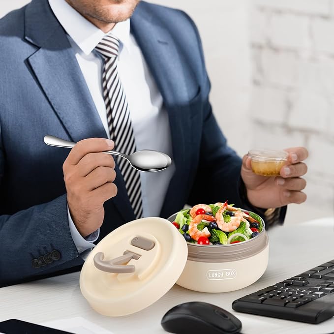 Dandat 3 Pcs Portable Insulated Lunch Container Set for Adult kids, Stackable Stainless Steel Bento Box for Hot Food with Insulated Lunch Bag Unisex 3 Separate Thermal Food Container(Beige)