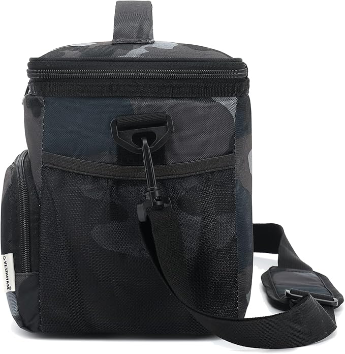 Insulated Reusable Lunch Bag Adult Large Lunch Box for Women and Men with Adjustable Shoulder Strap,Front Zipper Pocket and Dual Large Mesh Side Pockets,Black Camo