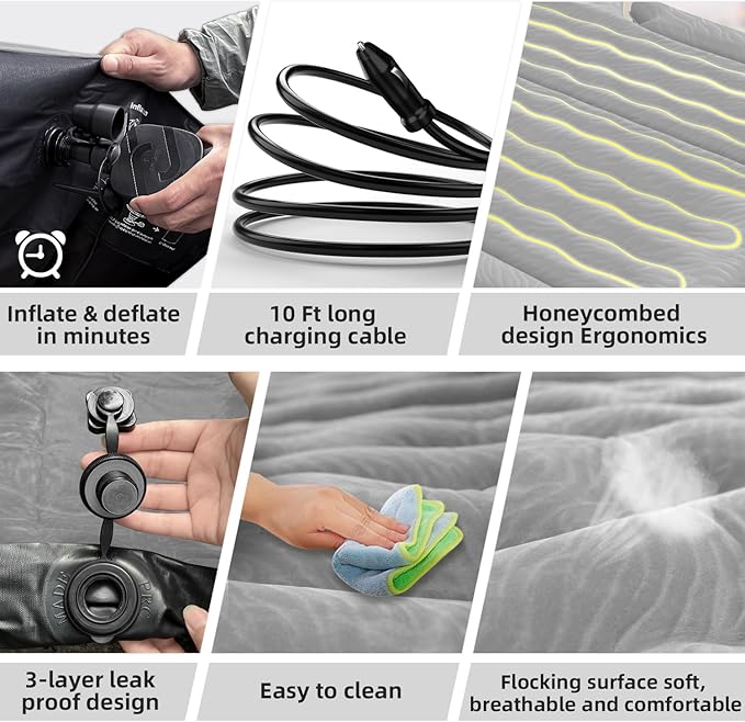 Umbrauto SUV Camping Air Mattress| Flocked Car Sleeping Bed with Reinforced Bottom| Back Trunk Inflatable Airbed for Vans| Includes Electric Pump, Pillows, Repair Patch & Carry Bag