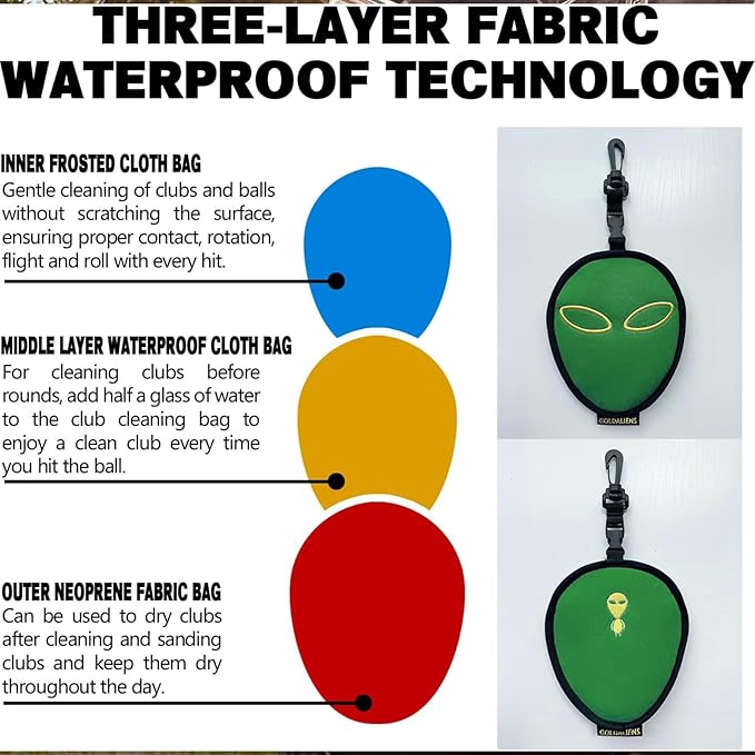 Golf Club Cleaner & Ball Cleaning Bag,Original Three-Layer Fabric Waterproof Technology,Golfer's Ultimate Green Clean Scrub Equipment Accessories,Removable Clips to Support Machine Washing