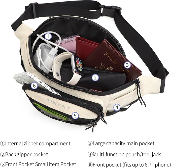 TINYAT Fanny Pack for Men Women Multifunction Waist Packs Large Crossbody Bum Bag with Zipper Waterproof Chest Bag for Hiking