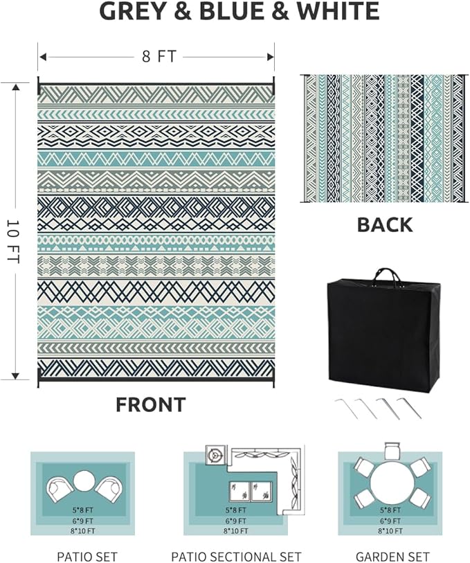 MontVoo Outdoor Rug Carpet 8x10 Waterproof-Patio Rug Mat Reversible RV Camping Rug Picnic Mat Plastic Straw Outside Rug for Balcony Porch Deck Beach-Boho Outdoor Area Rug for Patio Decor Colorful