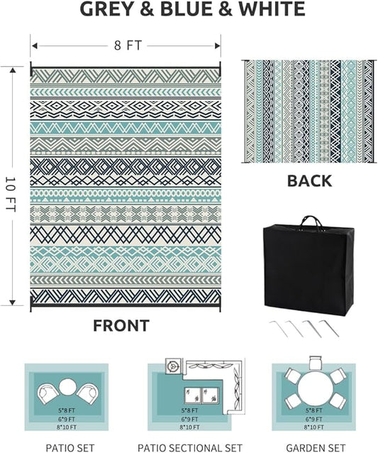 MontVoo Outdoor Rug Carpet 8x10 Waterproof-Patio Rug Mat Reversible RV Camping Rug Picnic Mat Plastic Straw Outside Rug for Balcony Porch Deck Beach-Boho Outdoor Area Rug for Patio Decor Colorful