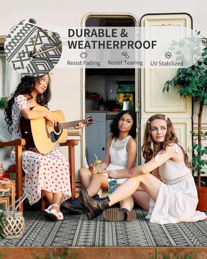 MontVoo Outdoor Rug Carpet Waterproof 9x18 Outdoor Patio Rug Mat Reverisble Plastic Straw Outdoor Rug for RV Camping Picnic Beach Balcony Boho Grey Large