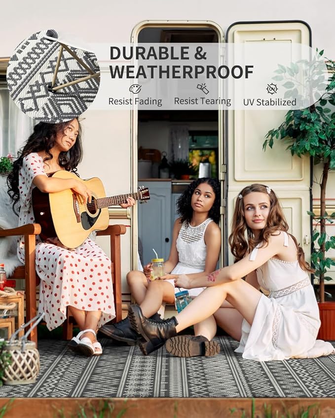 MontVoo-Outdoor Rug Waterproof 6x9 ft Outdoor Carpet Patio Rug Mat Reversible RV Camping Rug-Plastic Straw Rug Outside Outdoor Area Rug for Patio Deck Balcony Backyard Picnic Beach -Boho Grey