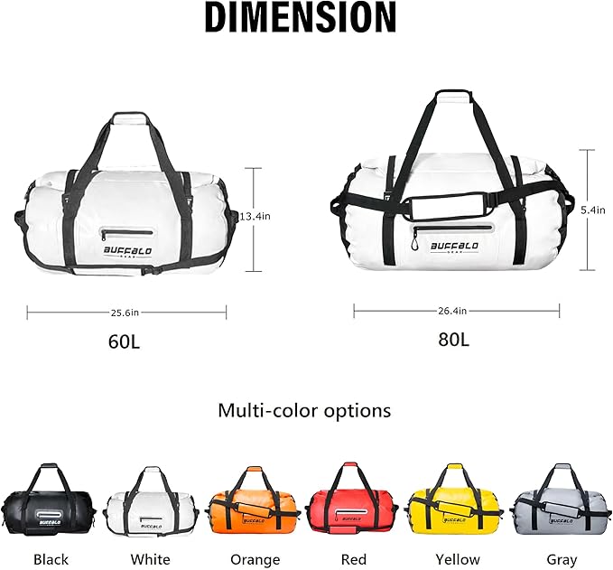Buffalo Gear Waterproof Duffle Bag 40L 60L 80L Roll-top Dry Bag Heavy Duty Waterproof Duffel Travel Bag for Kayaking Rafting Boating Fishing Camping