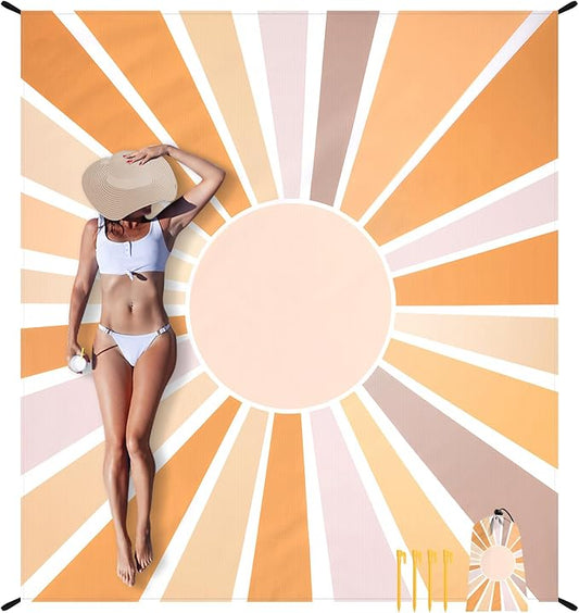 Beach Blanket Sandproof, Boho Sun Beach Mat Sand Free Waterproof, Large Picnic Blankets Lightweight Portable with Storage Bag, Polyester Outdoor Blanket Beach Essentials Must Have Accesorries