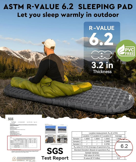 Hikenture Sleeping Pad R-Value 6.2 Insulated Camping Mattress for Cold Weather with Pump Sack(1201-A1)