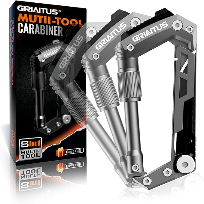 Carabiner Multitool with Pocket Knives, 8-in-1 EDC Carabiners, Serrated Knife, Rope Cutter, Screwdriver, Can Bottle Opener, Ruler, Folding Knife for Camping Hiking, Gifts for Men (Grey)