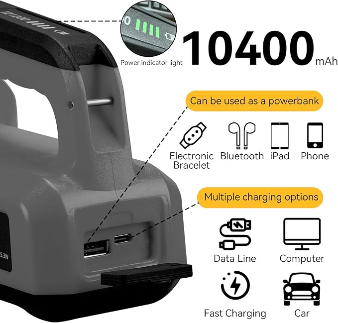 SUNREI Rechargeable LED 1200LM Flashlight, 8 Light Modes Portable Camping Lantern, 10400mAh Power Bank, IP67 Waterproof for Emergencies Power Outages, Hurricane Emergency, Hiking, Home, etc