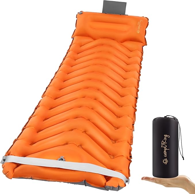 Sleeping Pad with Pillow, Self Inflating Extra-Thick, Ultralight Sleeping Mat, Built-in Pump, Ultimate for Camping, Hiking, Traveling, Airpad, Carry Bag, Compact & Lightweight Air Mattress (Orange)