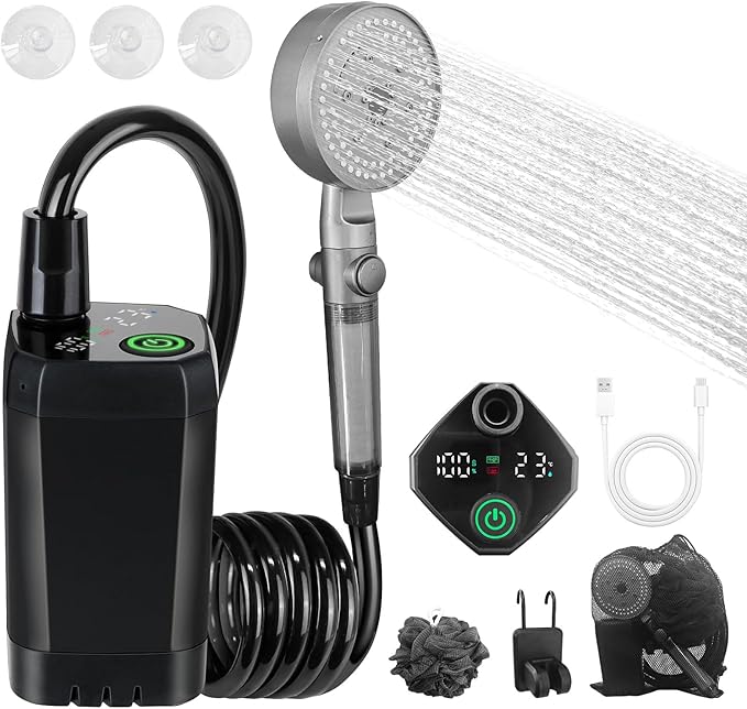 Portable Shower for Camping, 6000mAh Rechargeable Camping Shower Pump, IPX7 Waterproof, Adjustable Flow, with Handbag, Filtered Shower Head, 6ft Hose, Outdoor Camp Shower Kit for Camp, Travel, Beach