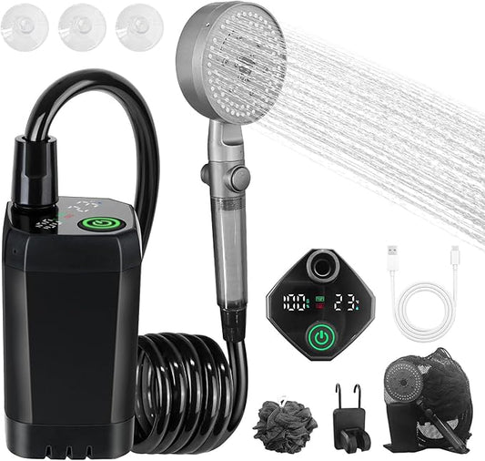 Portable Shower for Camping, 6000mAh Rechargeable Camping Shower Pump, IPX7 Waterproof, Adjustable Flow, with Handbag, Filtered Shower Head, 6ft Hose, Outdoor Camp Shower Kit for Camp, Travel, Beach