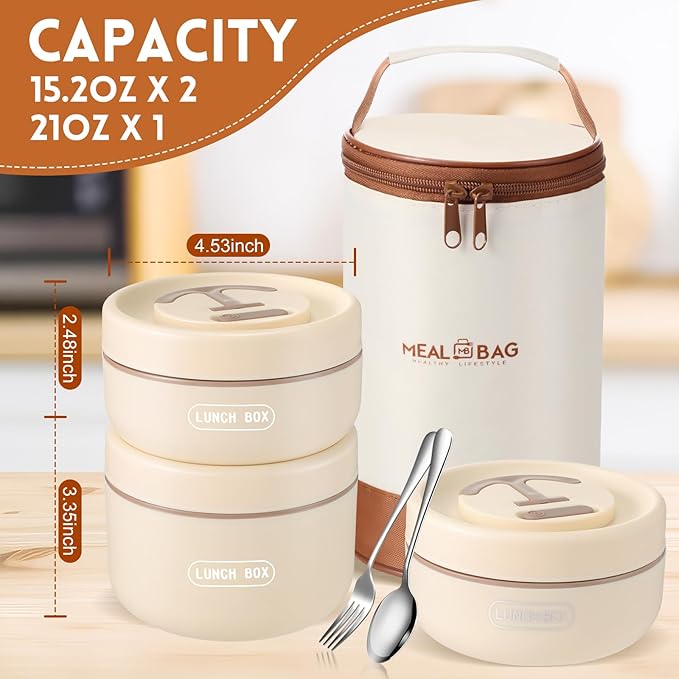 Dandat 3 Pcs Portable Insulated Lunch Container Set for Adult kids, Stackable Stainless Steel Bento Box for Hot Food with Insulated Lunch Bag Unisex 3 Separate Thermal Food Container(Beige)